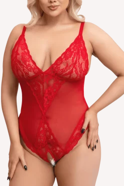 Cottelli Collection Plus Size Bodys * Ouvert Body mit Spitze rot Plus Size