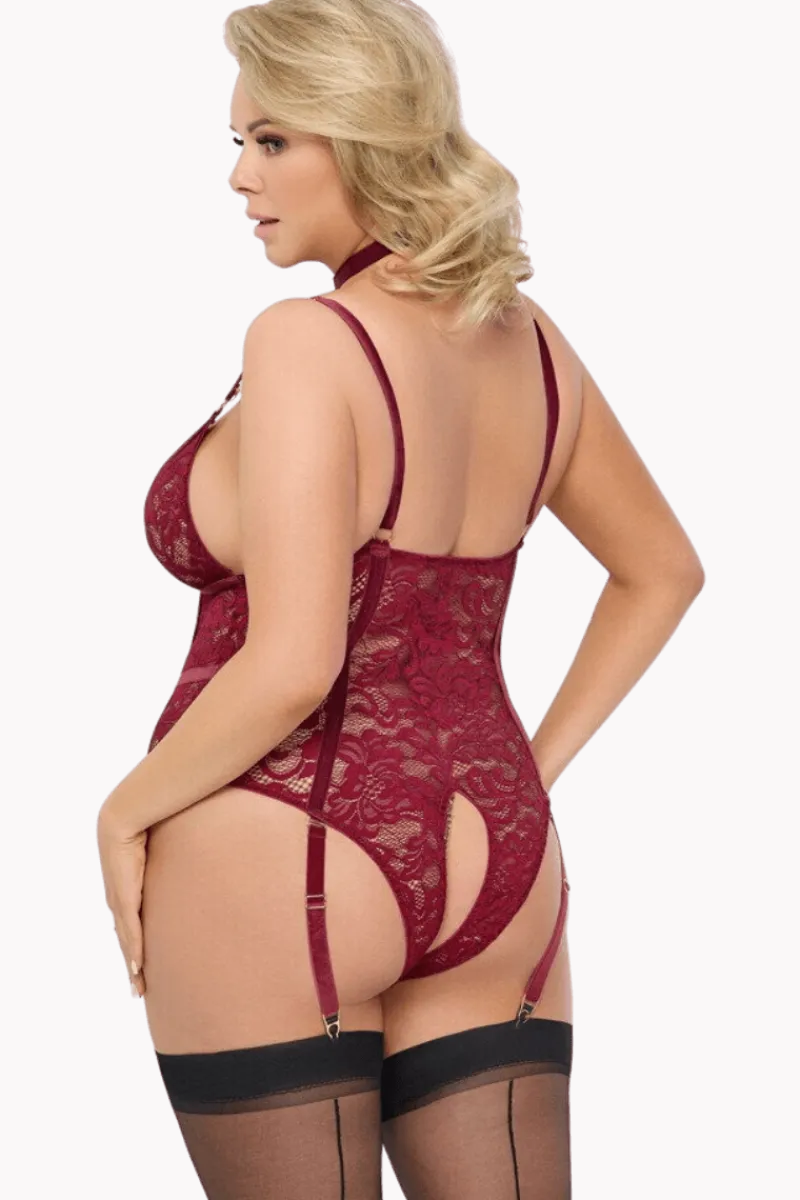 Cottelli Collection Plus Size Bodys * Ouvert Spitzen-Strapsbody in rot Plus Size