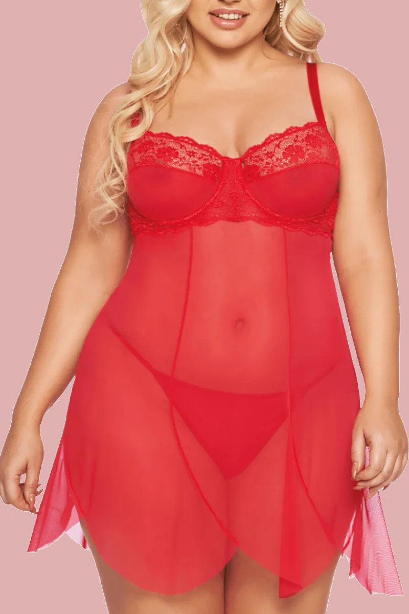 Softline Negligee & Babydoll * Rotes Babydoll aus Spitze und Tüll Plus Size