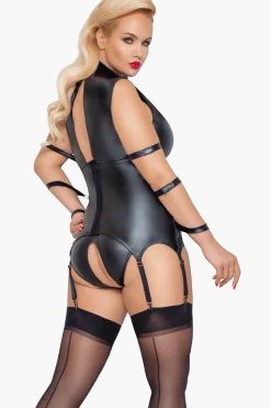 Cottelli Collection Plus Size Strapscorsagen|Kinky * schwarzes Bondage Wetlook Strapshemd Plus Size