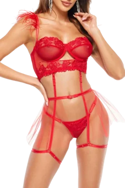 Beauty Night Fashion Reizwäsche Sets * 4tlg BH-Set mit Federn rot