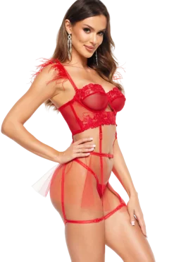 Beauty Night Fashion Reizwäsche Sets * 4tlg BH-Set mit Federn rot