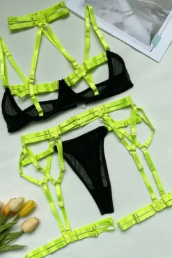 Liebeslust Reizwäsche Sets|Neon Dessous * 4tg. Deou et it Bändern - chwarz neongrün