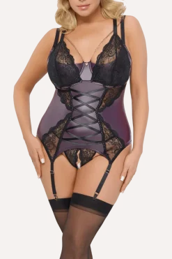 Cottelli Collection Plus Size Strapscorsagen * 2tlg Strapshemd-Set lila/schwarz
