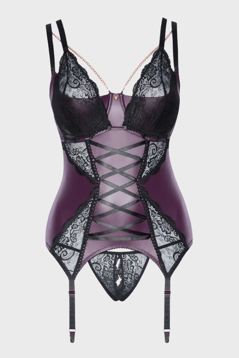 Cottelli Collection Plus Size Strapscorsagen * 2tlg Strapshemd-Set lila/schwarz
